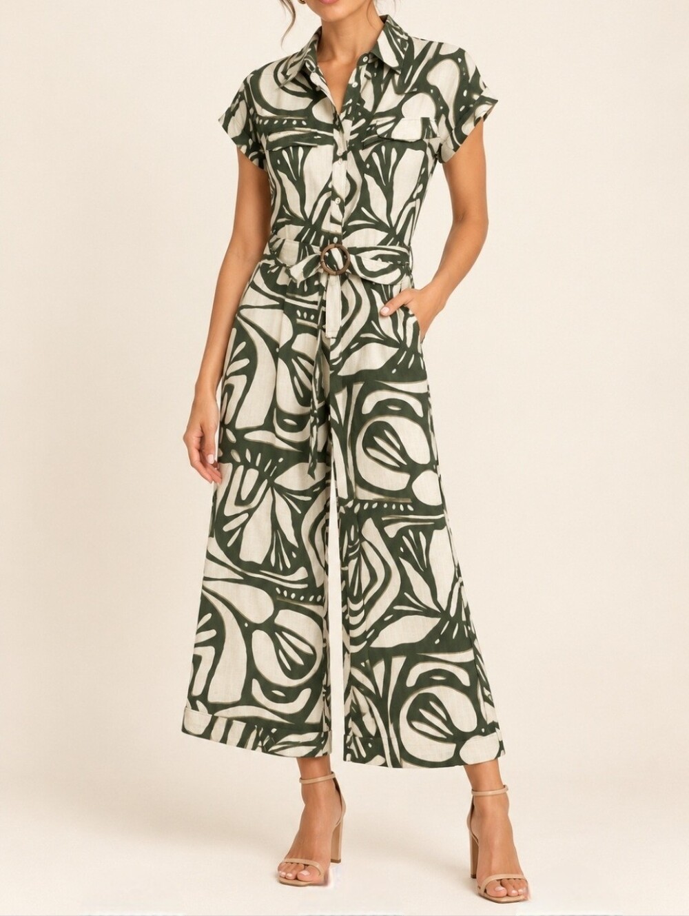 BATIA Button-Front Wide Leg Jumpsuit in Olive Green